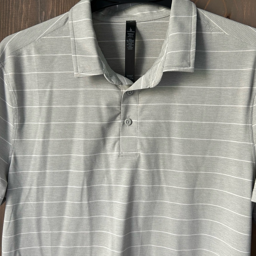 Mens L Lululemon Gray and White Striped Polo Shirt
